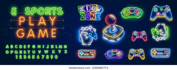 Esports neon light icons set. Videogame tournament. Game for player and team. Shooting. Computer devices.