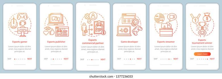 Esports onboarding mobile app page screen vector template. E-sports tournament. Cybersport championship. Walkthrough website steps with linear illustrations. UX, UI, GUI smartphone interface concept