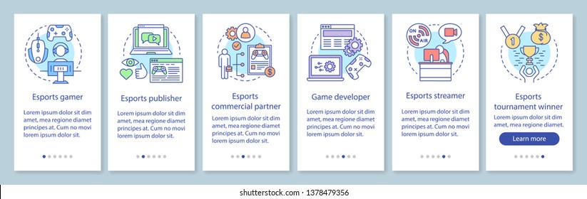 Esports onboarding mobile app page screen with linear concepts. Video games competition. Gaming tournament walkthrough steps graphic instructions. UX, UI, GUI vector template with illustrations