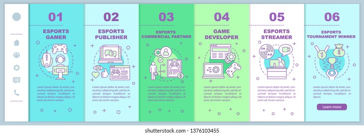 Esports onboarding mobile web pages vector template. Cyber sport tournament. Responsive smartphone website interface idea with linear illustrations. Webpage walkthrough step screens. Color concept