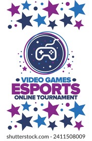 Esports Online Tournament. Video Games streaming. Cyber sport and gaming concept. Play in arcade, video or computer game. Gamepad, controller or joystick. Leisure, entertainment and fun. Vector