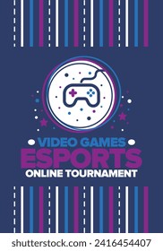 Esports Online Tournament. Video Games streaming. Cyber sport and gaming concept. Play in arcade, video or computer game. Gamepad, controller or joystick. Leisure, entertainment and fun. Vector