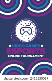 Esports Online Tournament. Video Games streaming. Cyber sport and gaming concept. Play in arcade, video or computer game. Gamepad, controller or joystick. Leisure, entertainment and fun. Vector