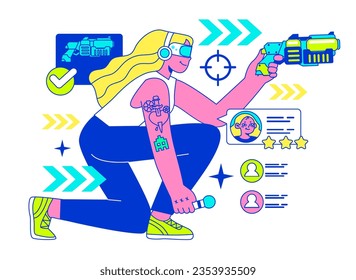 E-sports player. Character playing video games, fighting over the championship trophy. Gamer in a headphones with a gamepad. E-sport team player. Flat vector illustration