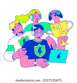 E-sports player. Character playing video games, fighting over the championship trophy. Gamer in a headphones with a gamepad. E-sport team player. Flat vector illustration