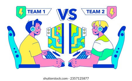 E-sports player. Character playing video games, fighting over the championship trophy. Gamer in a headphones with a gamepad. E-sport team player. Flat vector illustration