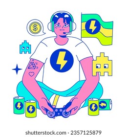 E-sports player. Character playing video games, fighting over the championship trophy. Gamer in a headphones with a gamepad. E-sport team player. Flat vector illustration