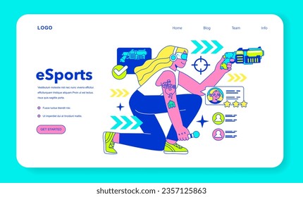 E-sports player web banner or landing page. Character playing video games, fighting over the championship trophy. Gamer in a headphones with a gamepad. E-sport team player. Flat vector illustration