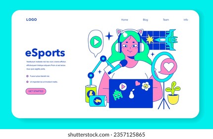 E-sports player web banner or landing page. Character playing video games, fighting over the championship trophy. Gamer in a headphones with a gamepad. E-sport team player. Flat vector illustration