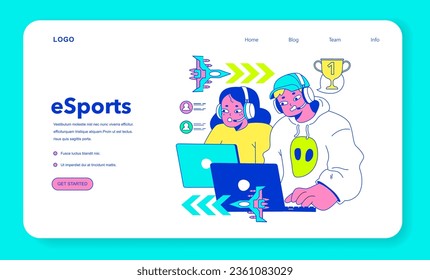 E-sports player web banner or landing page. Character playing video games, fighting over the championship trophy. Gamer in a headphones with a gamepad. E-sport team player. Flat vector illustration