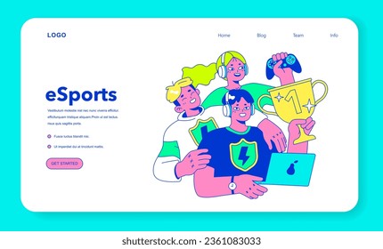 E-sports player web banner or landing page. Character playing video games, fighting over the championship trophy. Gamer in a headphones with a gamepad. E-sport team player. Flat vector illustration