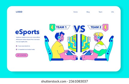 E-sports player web banner or landing page. Character playing video games, fighting over the championship trophy. Gamer in a headphones with a gamepad. E-sport team player. Flat vector illustration