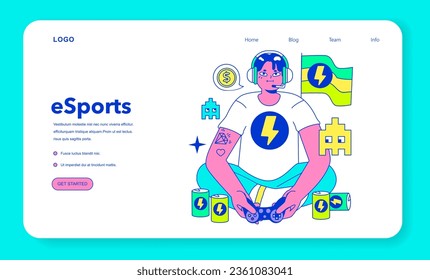 E-sports player web banner or landing page. Character playing video games, fighting over the championship trophy. Gamer in a headphones with a gamepad. E-sport team player. Flat vector illustration