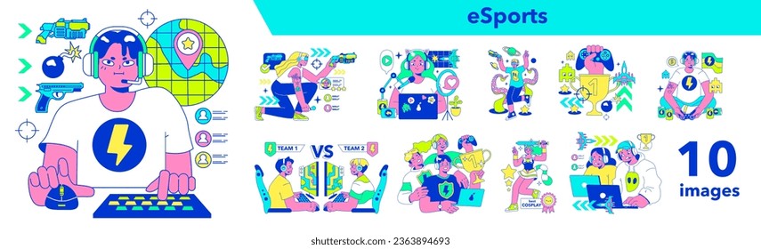 E-sports set. Character playing video games, fighting over the championship trophy. Gamer in a headphones with a gamepad. E-sport team player. Flat vector illustration