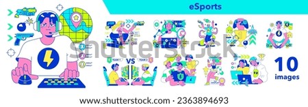 E-sports set. Character playing video games, fighting over the championship trophy. Gamer in a headphones with a gamepad. E-sport team player. Flat vector illustration