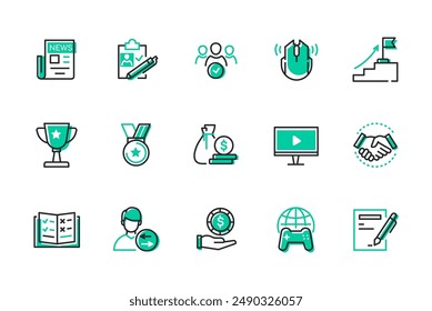 E-sports - set of line design style icons isolated on white background. High quality images of newspaper, people, career, award, prize, medal and cup, handshake, finance, exchange