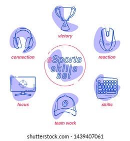 eSports skills set, connection, focus, reaction,skills, team work and victory. Gaming gadgets, line set icon. Modern devices for video games.