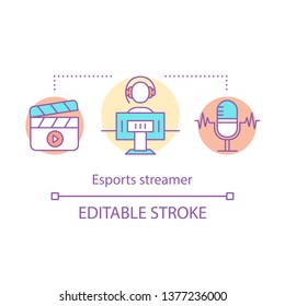 Esports Streamer Concept Icon. E Sports Tournament Commentator. Videoblogger Work. Movie Review. Video Game Stream Idea Thin Line Illustration. Vector Isolated Outline Drawing. Editable Stroke