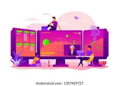 E-sports streaming, live game show, online streaming business concept. Colorful vector isolated concept illustration with tiny people and floral organic elements. Hero image for website.