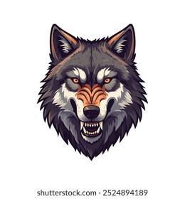 Uma ilustração estilo esports com um logotipo de cabeça de lobo irritado