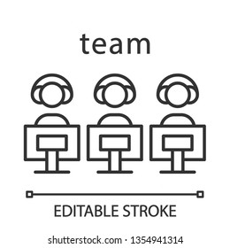 Esports team linear icon. Gamers group. Teamwork. Command for competition. Video games tournament. Thin line illustration. Contour symbol. Vector isolated outline drawing. Editable stroke