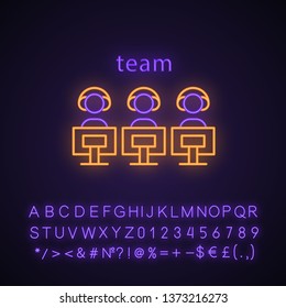 Esports team neon light icon. Gamers group. Teamwork. Command for competition. Video games tournament. Glowing sign with alphabet, numbers and symbols. Vector isolated illustration