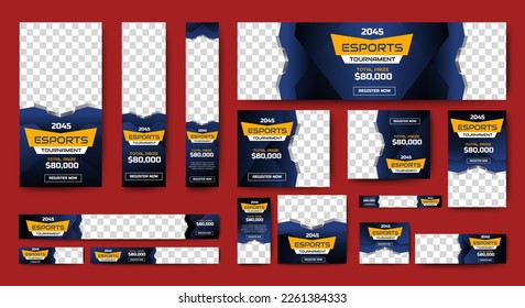 Esports Tournament Banner templates with standard size and place for photos. Online games advertising layout. Vertical, horizontal and square template