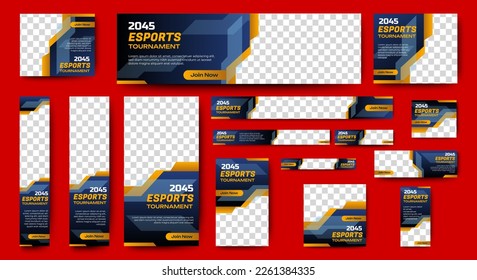 Esports Tournament Banner templates with standard size and place for photos. Online games advertising layout. Vertical, horizontal and square template