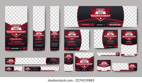 Esports Tournament Banner templates with standard size and place for photos. Online games advertising layout. Vertical, horizontal and square template
