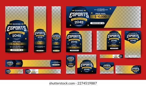 Esports Tournament Banner templates with standard size and place for photos. Online games advertising layout. Vertical, horizontal and square template
