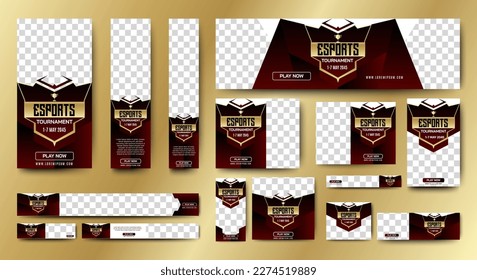 Esports Tournament Banner templates with standard size and place for photos. Online games advertising layout. Vertical, horizontal and square template
