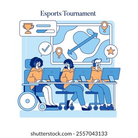 Esports Tournament for Disabled Gamers. Competitors with disabilities engaged in a video game competition, teamwork and inclusion in esports. Vector illustration.