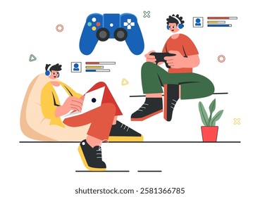 E-Sports Tournament Vector Illustration featuring Two Players Competing in an Online Game for a Cyber Sports Competition inside a Gaming Arena