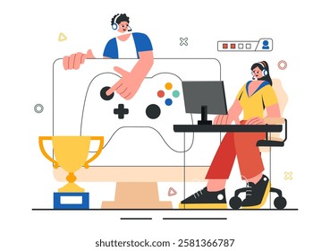 E-Sports Tournament Vector Illustration featuring Two Players Competing in an Online Game for a Cyber Sports Competition inside a Gaming Arena