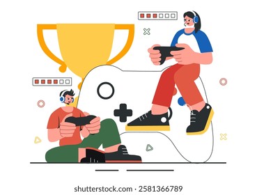 E-Sports Tournament Vector Illustration featuring Two Players Competing in an Online Game for a Cyber Sports Competition inside a Gaming Arena