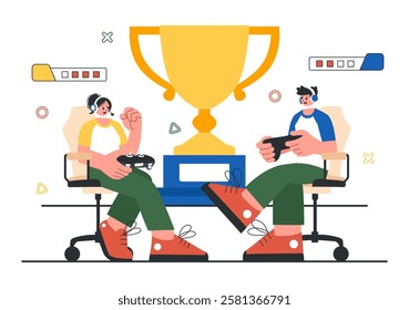 E-Sports Tournament Vector Illustration featuring Two Players Competing in an Online Game for a Cyber Sports Competition inside a Gaming Arena