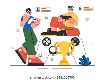 E-Sports Tournament Vector Illustration featuring Two Players Competing in an Online Game for a Cyber Sports Competition inside a Gaming Arena