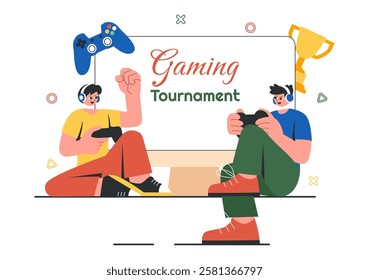 E-Sports Tournament Vector Illustration featuring Two Players Competing in an Online Game for a Cyber Sports Competition inside a Gaming Arena