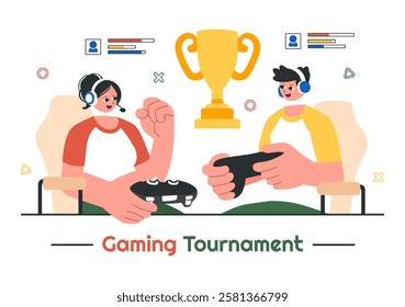 E-Sports Tournament Vector Illustration featuring Two Players Competing in an Online Game for a Cyber Sports Competition inside a Gaming Arena