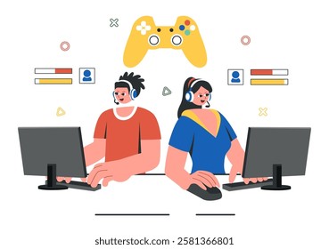 E-Sports Tournament Vector Illustration featuring Two Players Competing in an Online Game for a Cyber Sports Competition inside a Gaming Arena