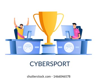 E-sports tournament, vector illustration. Two professional gamers playing online video game in front of computer monitor screens and huge award cup between them. Cybersport concept for web banner etc.