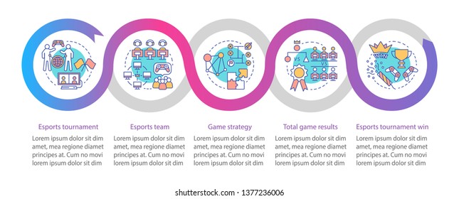 Esports tournament vector infographic template. Business presentation design elements. Data visualization with five steps and options. Process timeline chart. Workflow layout with linear icons