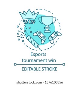 Esports tournament win concept icon. Championship winner trophy. Video gaming champion award. Cyber sport competition idea thin line illustration. Vector isolated outline drawing. Editable stroke