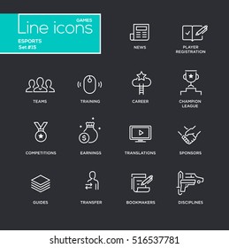Esports - vector simple thin line design icons and pictograms set - black background. News, registration, parties, guides, training, transfer, earnings, competitions, champion bookmakers sponsors