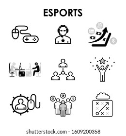 ESports web Icons set for websites and social media business design: Skills, Teamwork, Practice, Motivation, Tournament, Community, Strategy, Success. Vector E Sports icons collection.