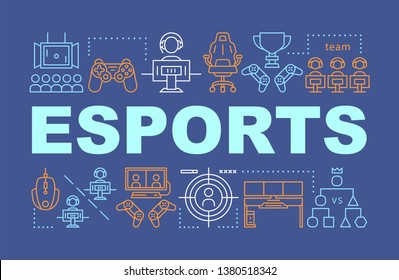 Esports word concepts banner. Computer games tournament. E sports championship, competition. Presentation, website. Isolated lettering typography idea with linear icons. Vector outline illustration