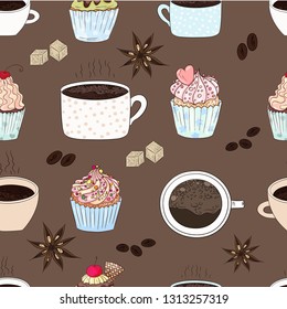 Espresso and cakes pattern. Cupcakes, sugar, cinnamon, coffee beans, cherry, wafers illustration. Yummy food and drink background.