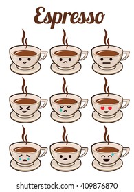 Espresso Cartoon Character with Different Expressions.  Isolated