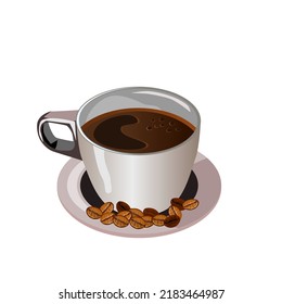 Espresso in a ceramic mug and saucer.There were coffee beans on the side.Isolated vector illustration on a white background.