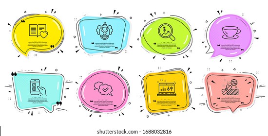 Espresso, Clown and Currency audit signs. Speech bubbles with quotes. Love book, Mobile survey and Sound check line icons set. Sale, Approved symbols. Customer feedback, Phone quiz test. Vector